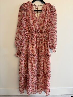 Bloom and Wander Pink Floral Tiered Midi Dress with Smocked Waist